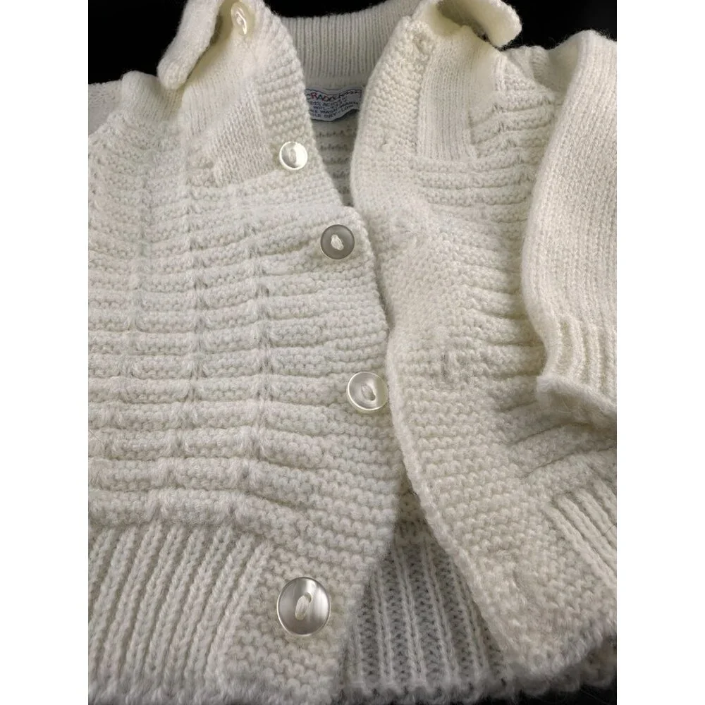 CradleKnit Sweater 6-12 months Unisex White Button‎ Down Acrylic Reborn Doll Vtg